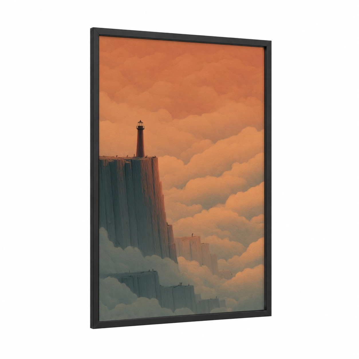 Sentinel Lighthouse framed dreamscape print — black wood frame — orange and gold palette