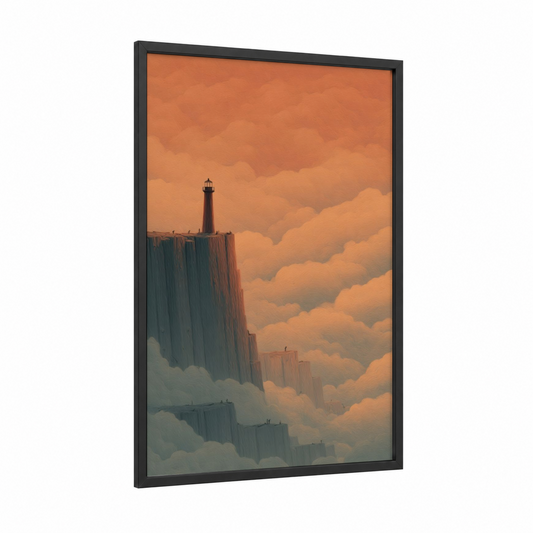 Sentinel Lighthouse framed dreamscape print — black wood frame — orange and gold palette
