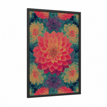 Coral Dahlia Symmetry framed art print — black wood frame — red and teal palette