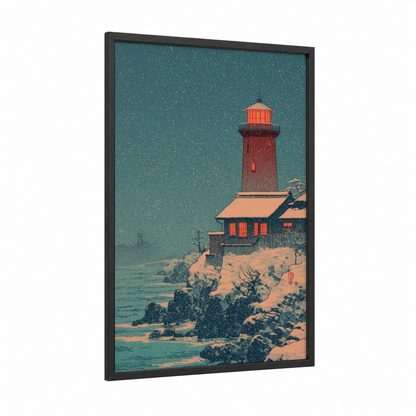 Snowy Lighthouse Watch framed art print — black wood frame — teal and salmon pink palette