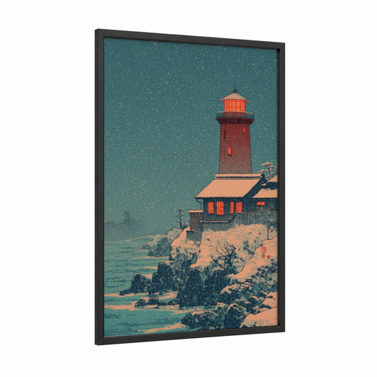 Snowy Lighthouse Watch framed art print — black wood frame — teal and salmon pink palette