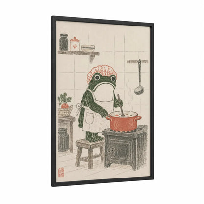 Cooking Frog Kitchen Wall Art framed frogs and toads print — black wood frame — cream and olive palette