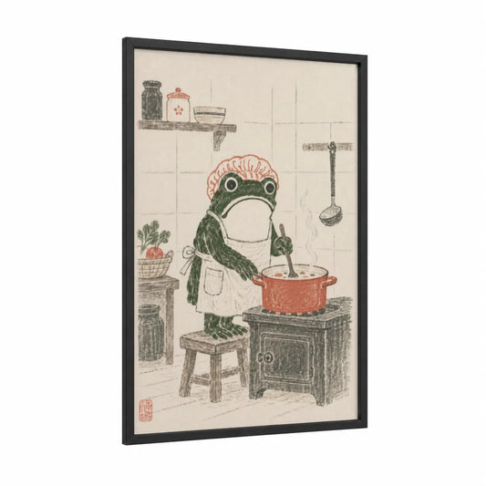 Cooking Frog Kitchen Wall Art framed frogs and toads print — black wood frame — cream and olive palette