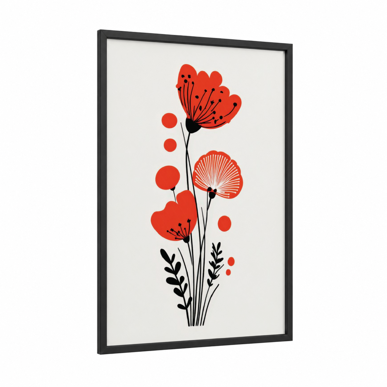 Minimalist Red Flowers framed abstract flower print — black wood frame — red and black and white palette