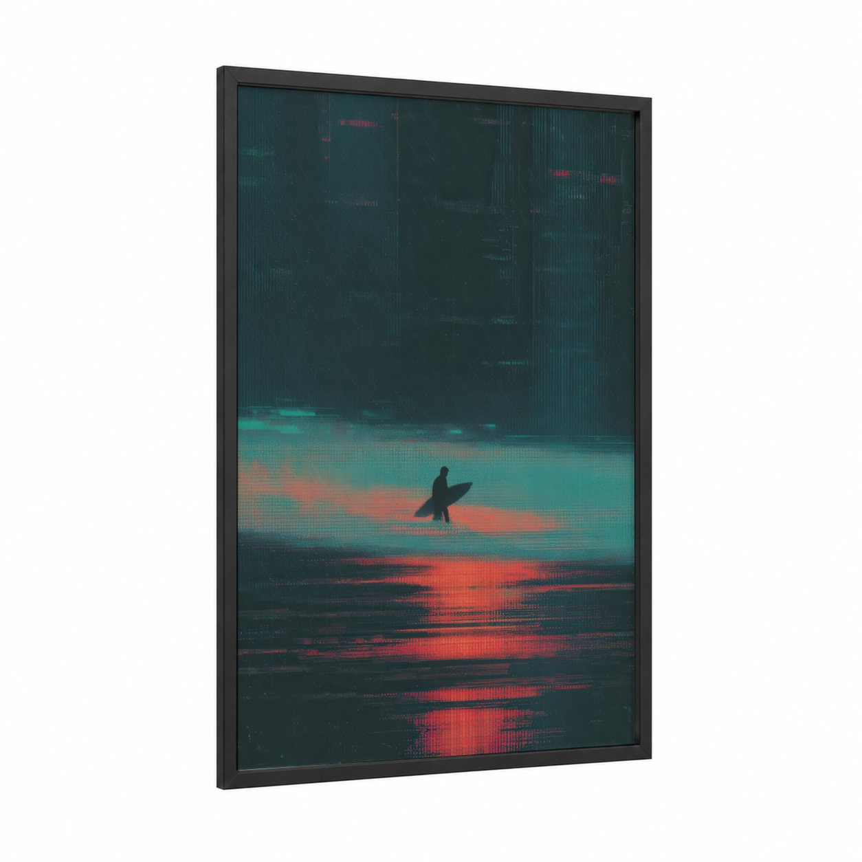 Neon Surfer framed water surfing print — black wood frame — teal and red palette