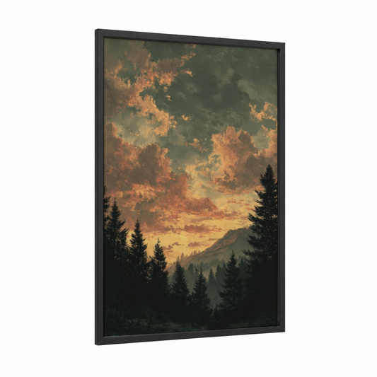 Golden Sunset Forest framed pine forest print — black wood frame — gold and teal palette