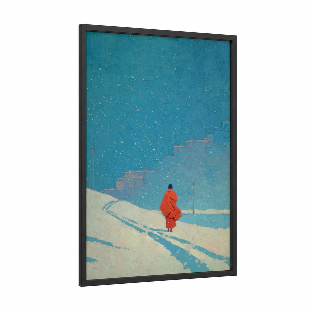Snowy Monk framed buddhism print — black wood frame — teal and white palette