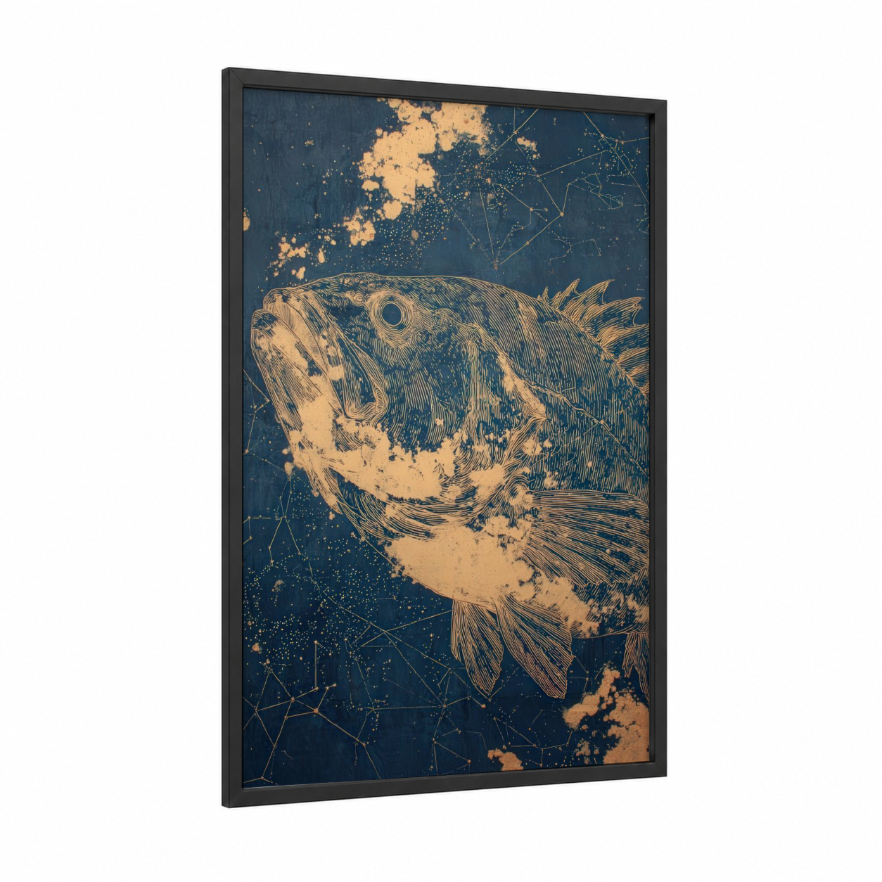 Celestial Bass framed art print — black wood frame — gold and blue palette