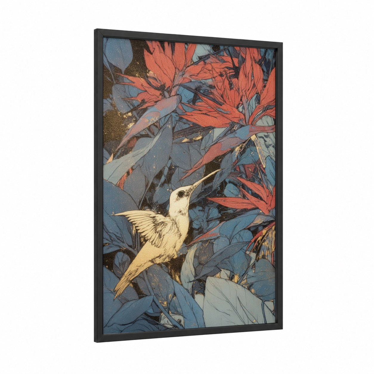 Crimson Hummingbird framed art print — black wood frame — red and blue palette