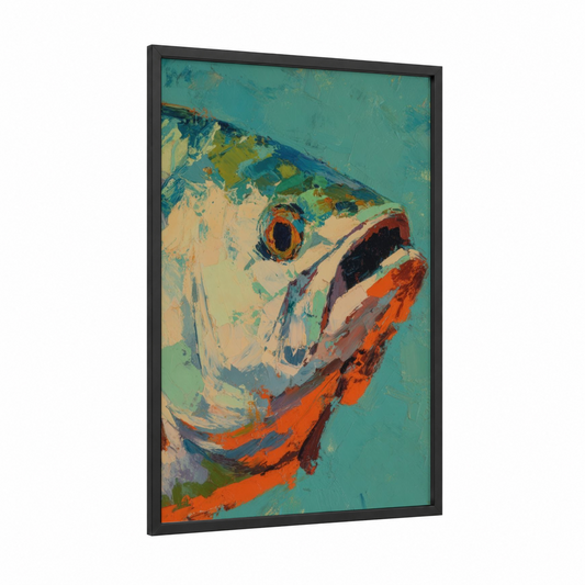 Turquoise Tarpon framed art print — black wood frame — teal and orange palette