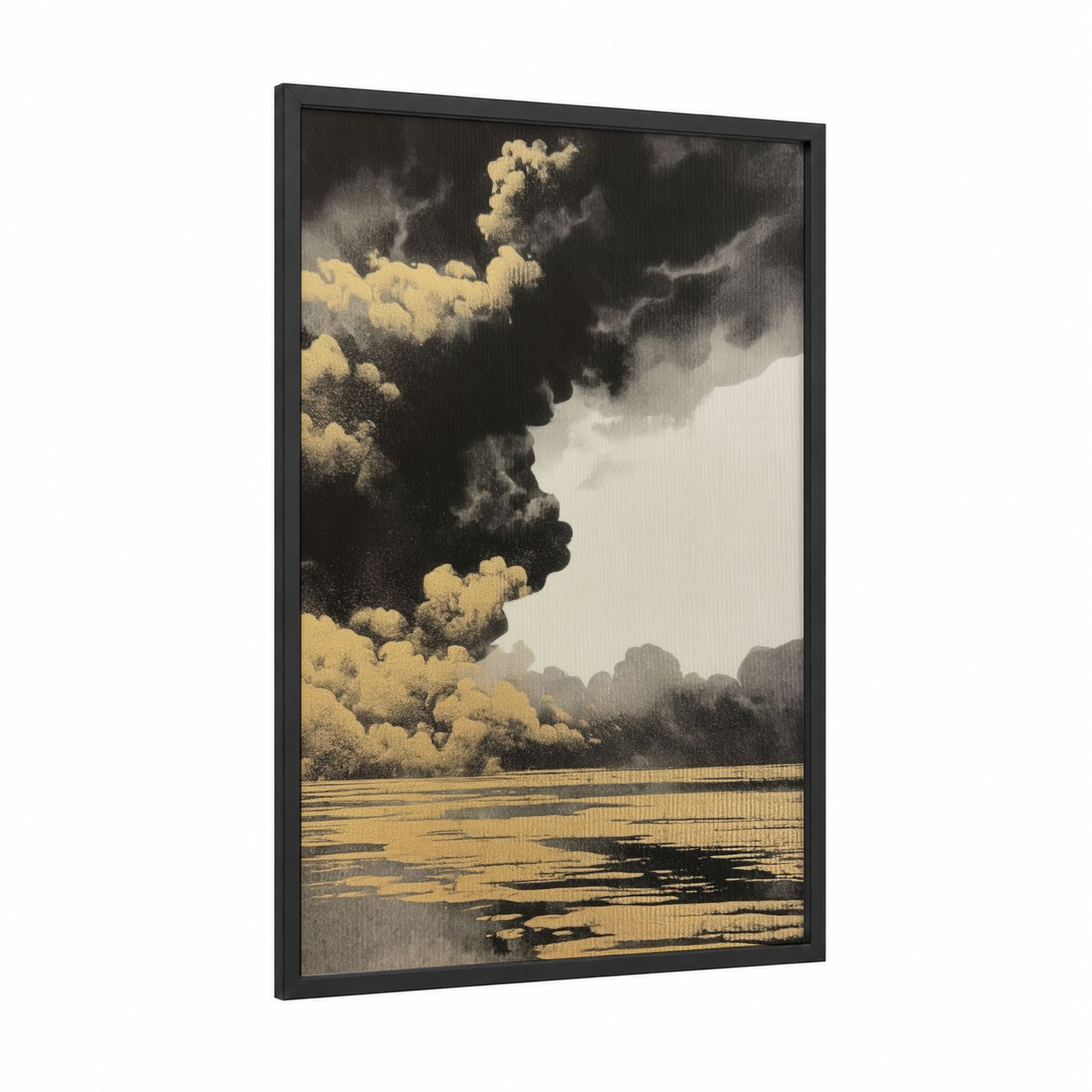 Golden Storm Clouds framed abstract classic print — black wood frame — yellow gold and black and white palette
