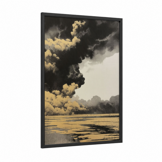 Golden Storm Clouds framed abstract classic print — black wood frame — yellow gold and black and white palette