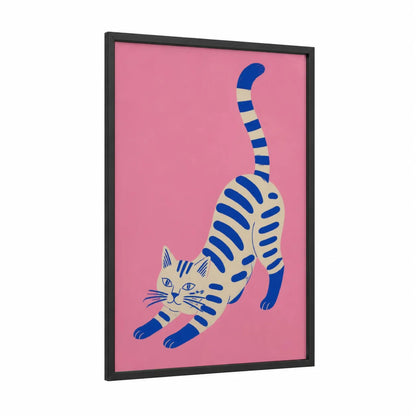Playful Stretching Cat Wall Art framed art print — black wood frame — pink and blue palette