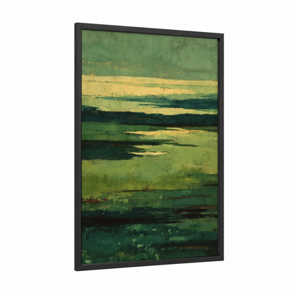 Serene Green Landscape framed green field print — black wood frame — green and yellow gold palette