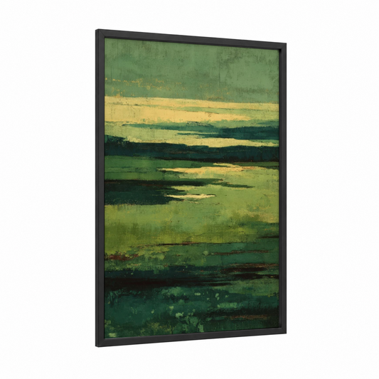 Serene Green Landscape framed green field print — black wood frame — green and yellow gold palette