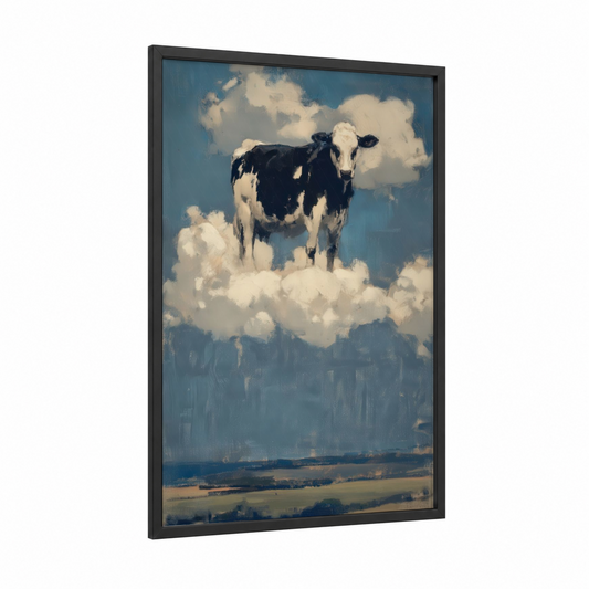 Celestial Hereford framed hereford cow print — black wood frame — blue and white and black and white palette