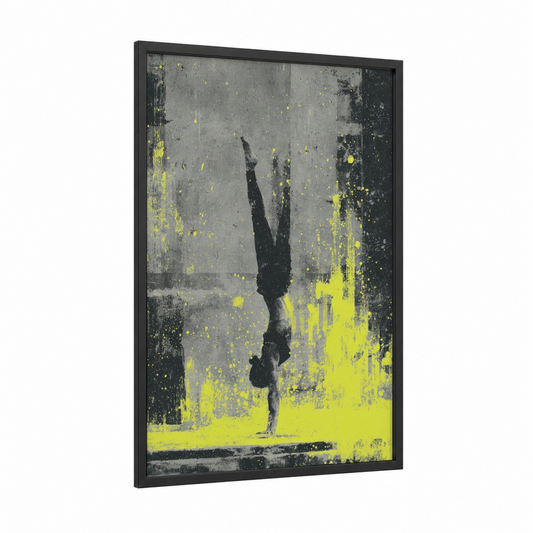 Inverted Yoga framed fitness yoga print — black wood frame — yellow and black and white palette
