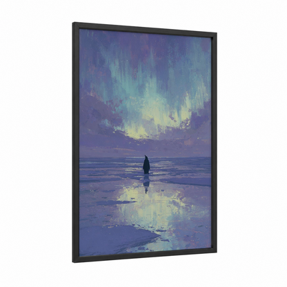 Solitary Penguin framed art print — black wood frame — blue and purple palette