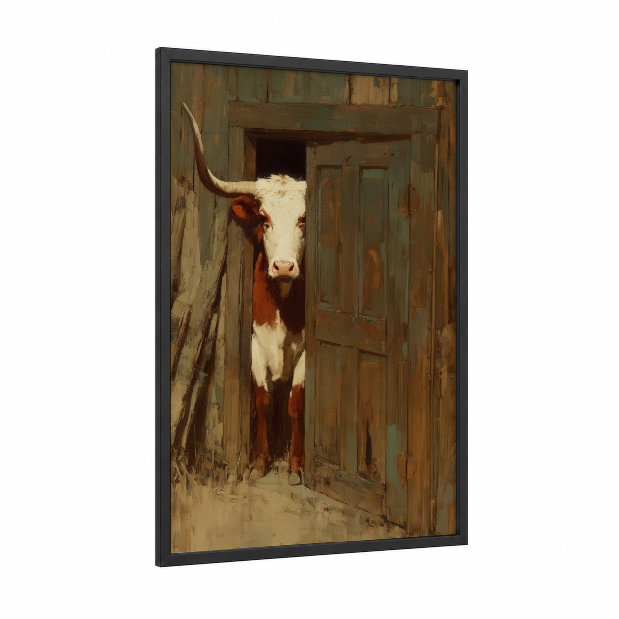 Barn Longhorn framed longhorn cow print — black wood frame — brown and cream palette