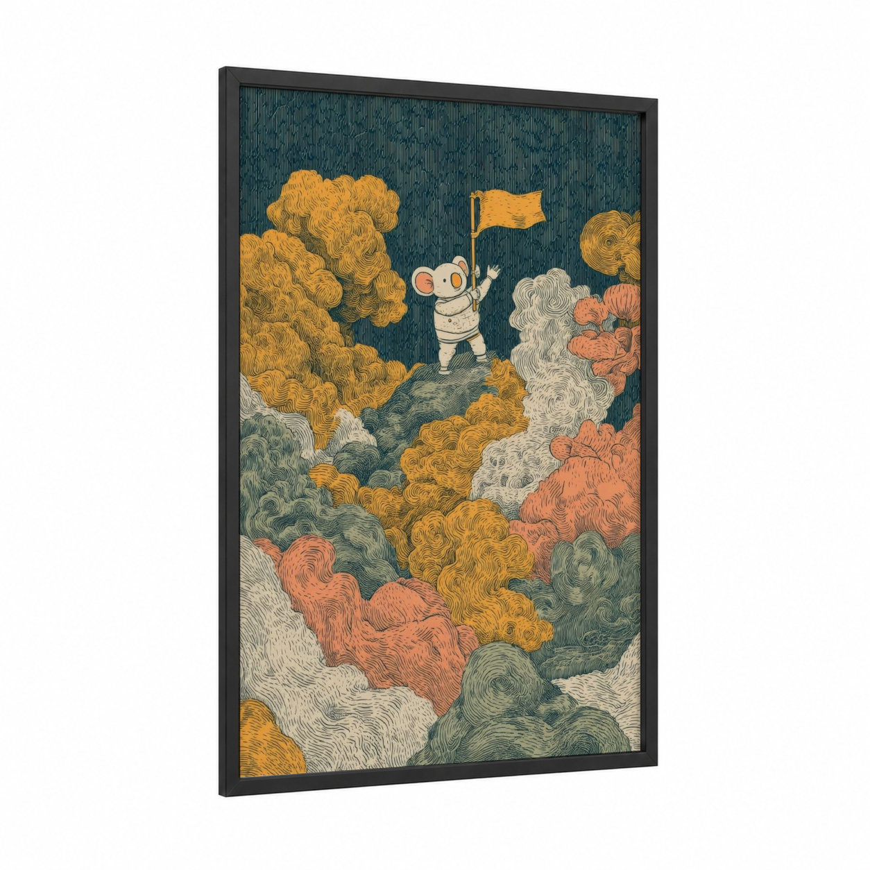 Adventurous Koala framed art print — black wood frame — gold and sage green palette