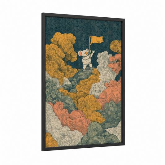Adventurous Koala framed art print — black wood frame — gold and sage green palette