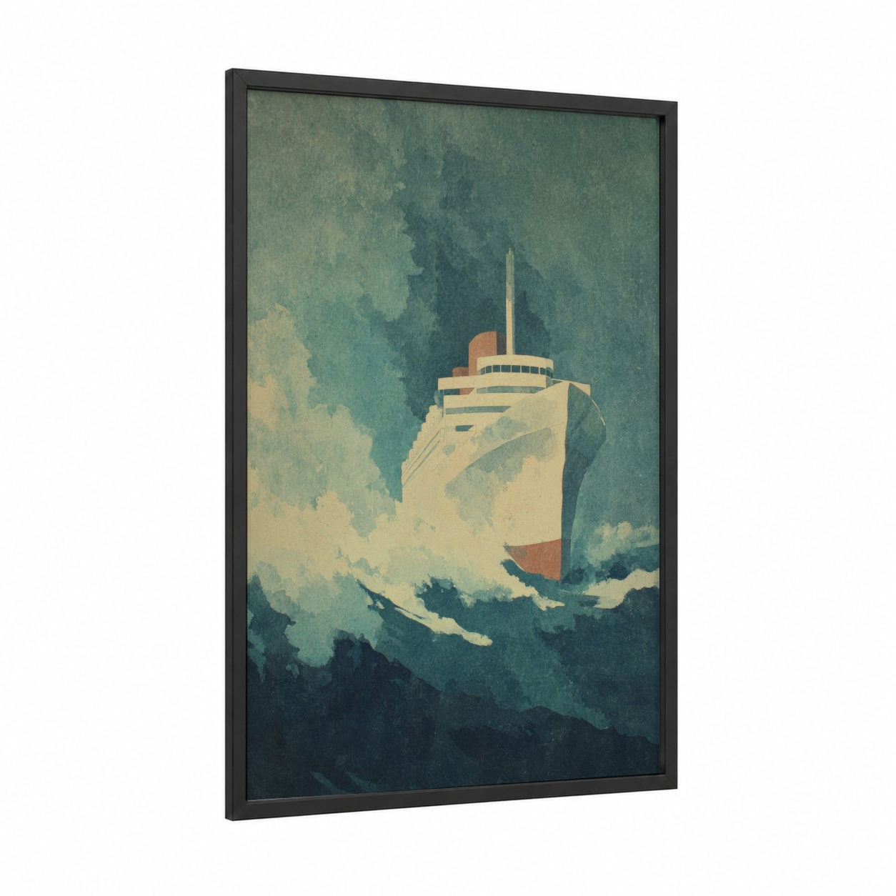 Stormy Cruise framed cruise ship print — black wood frame — teal and cream palette