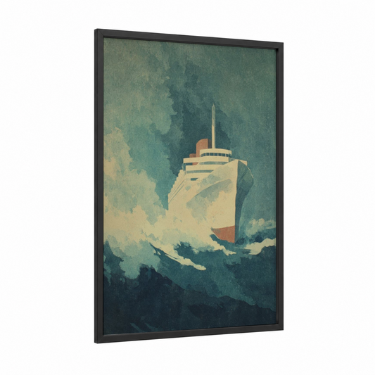 Stormy Cruise framed cruise ship print — black wood frame — teal and cream palette