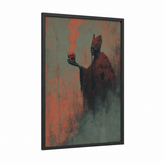 Fiery Orc Menace framed art print — black wood frame — maroon and sage green palette