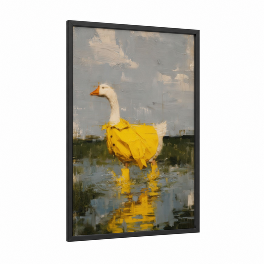 Yellow Raincoat Goose framed geese print — black wood frame — yellow gold and gray palette