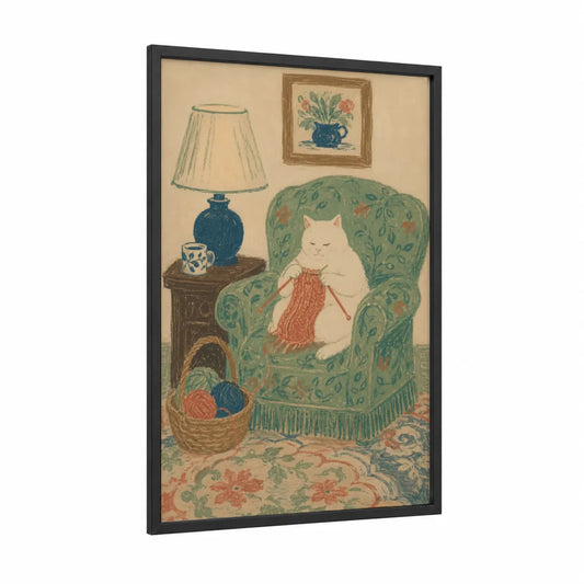 Knitting Cat In Armchair Wall Art framed art print — black wood frame — teal and cream palette