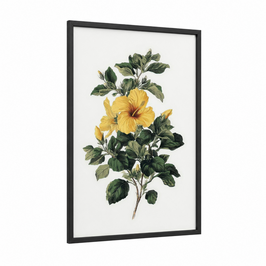 Golden Hibiscus framed art print — black wood frame — yellow gold and dark green palette