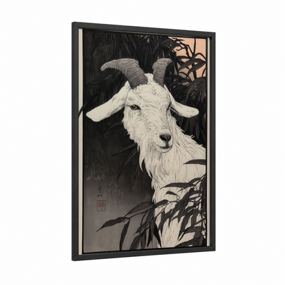 Alpine Goat framed art print — black wood frame — black and white palette