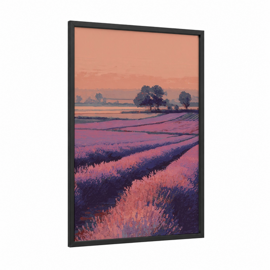 Lavender Sunset Field framed lavender field print — black wood frame — peach and lavender palette