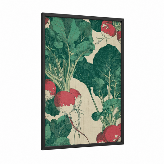 Garden Radish Harvest framed salad print — black wood frame — dark green and red palette