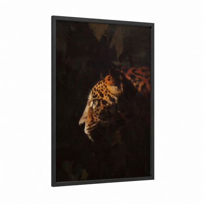Shadowed Jaguar framed art print — black wood frame — black and gold and russet palette
