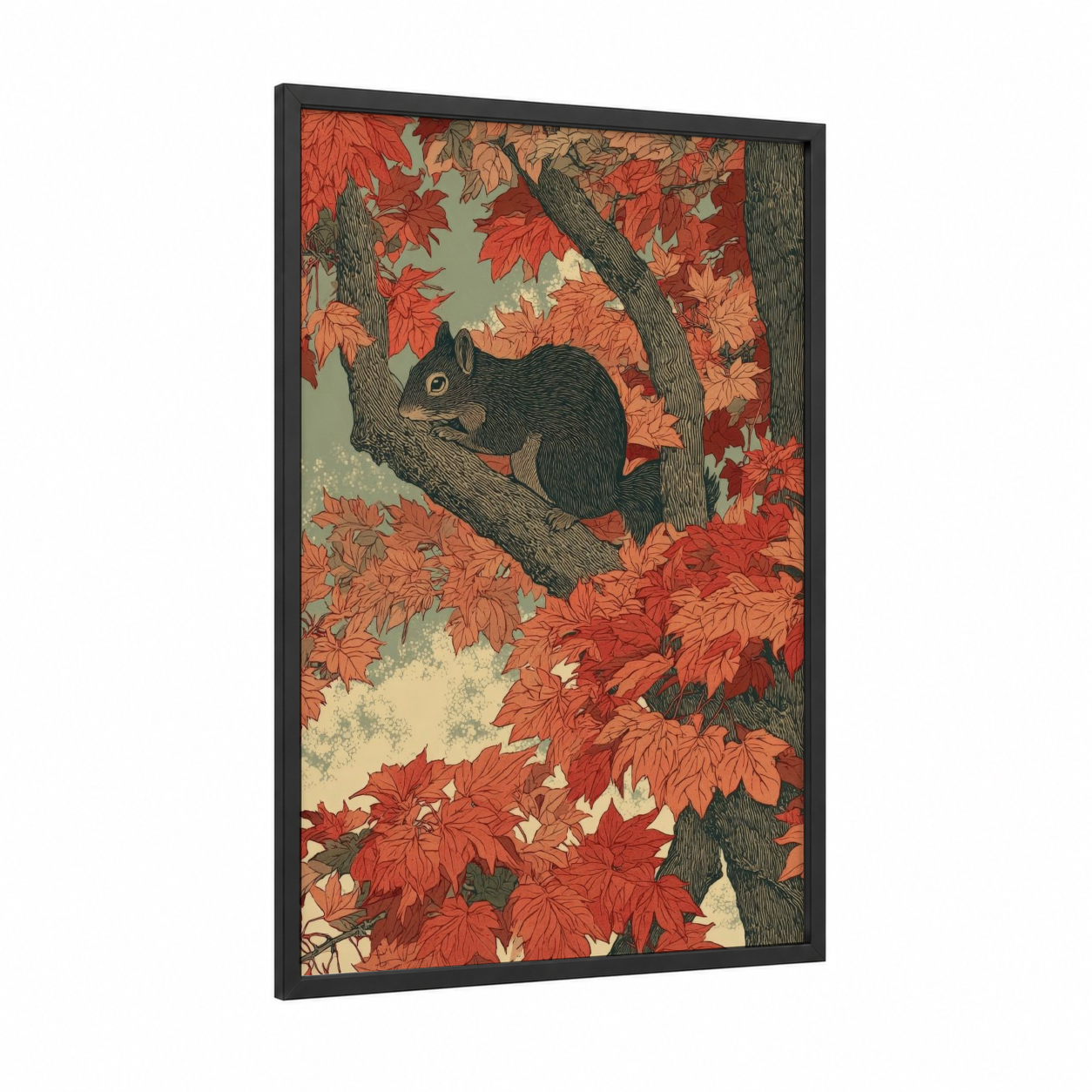 Autumn Squirrel framed art print — black wood frame — orange palette