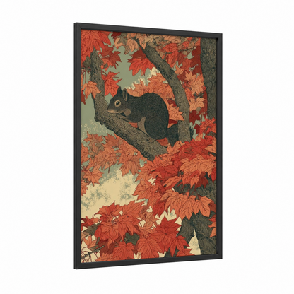 Autumn Squirrel framed art print — black wood frame — orange palette