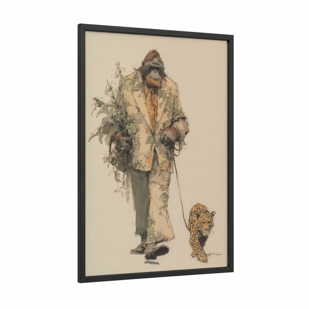 Dapper Orangutan framed art print — black wood frame — beige and brown palette