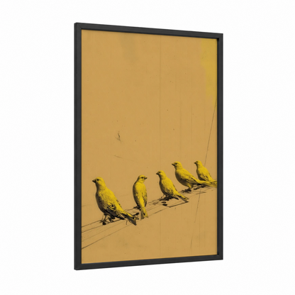 Yellow Canaries Perched framed art print — black wood frame — yellow gold and cream palette