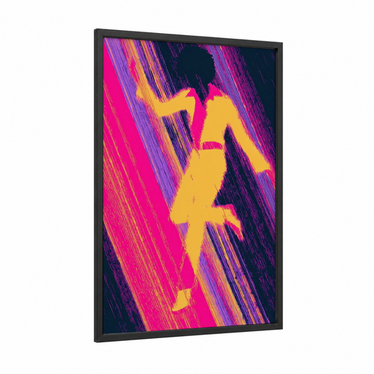 Neon Disco Dancer framed art print — black wood frame — magenta and yellow gold palette