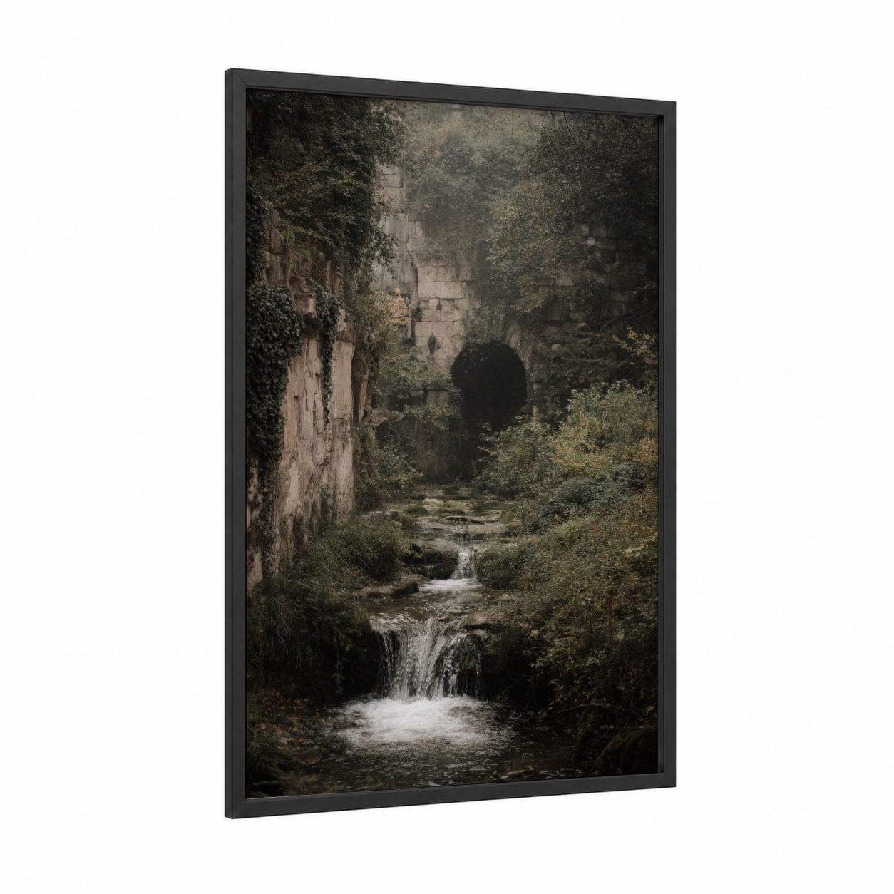 Overgrown Waterfall framed art print — black wood frame — gray and dark green palette