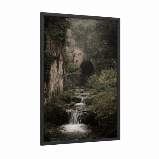 Overgrown Waterfall framed art print — black wood frame — gray and dark green palette