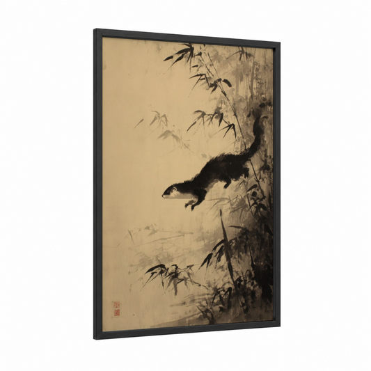Climbing Weasel framed art print — black wood frame — black and white and beige palette