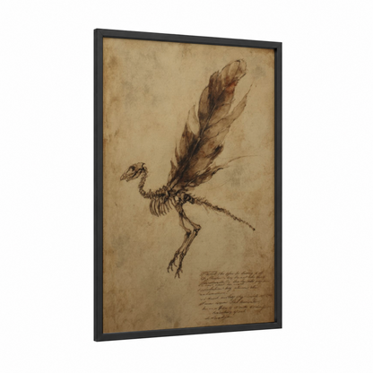 Skeletal Phoenix framed art print — black wood frame — beige and black and white palette