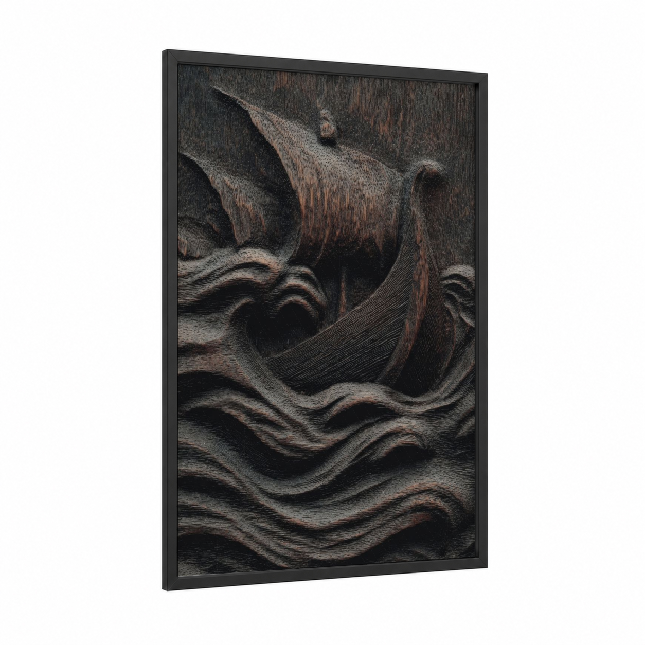 Sculptural Teapot framed woodcarving print — black wood frame — espresso and gray palette