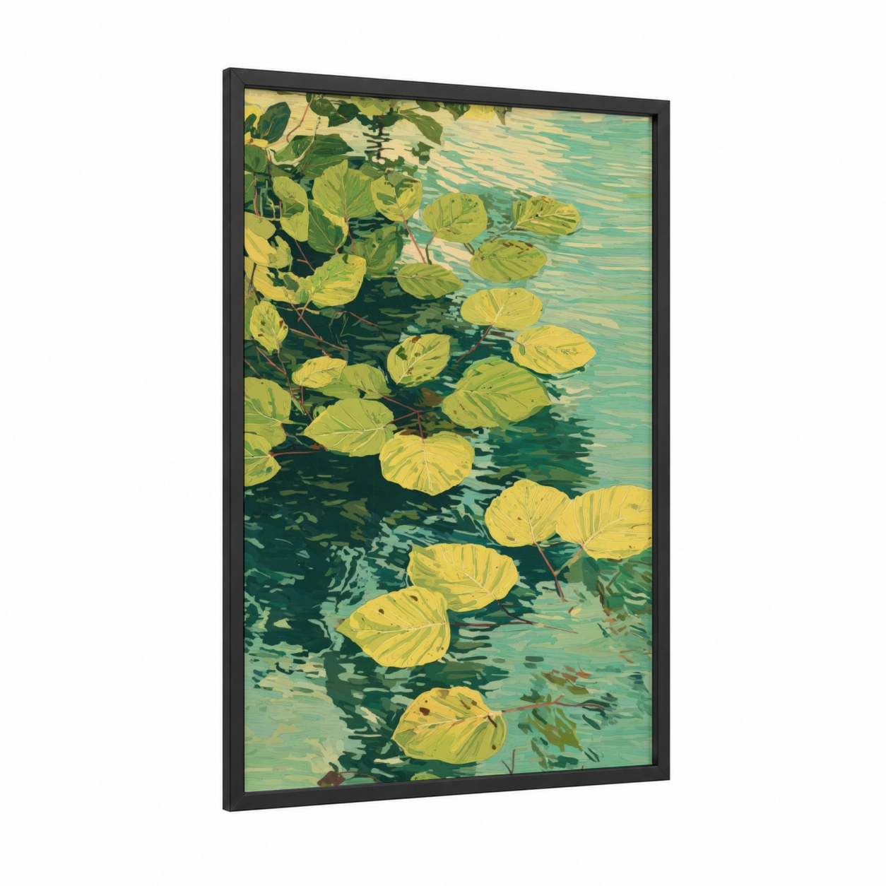 Golden Linden Reflections framed linden tree print — black wood frame — light green and teal palette