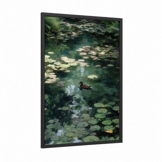 Lily Pond Duck framed ducks print — black wood frame — true green and blue palette