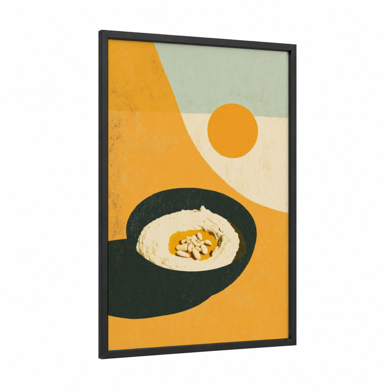 Hummus Bowl Minimalist framed condiments print — black wood frame — gold and cream palette