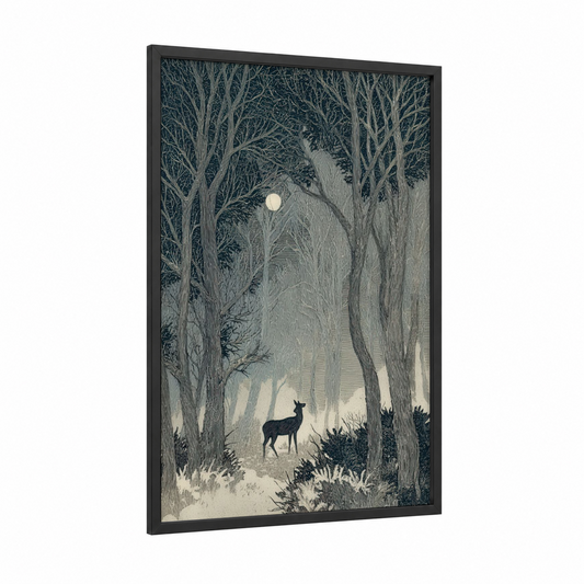 Moonlit Winter Forest framed art print — black wood frame — gray and white and black palette