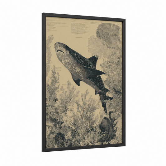 Oceanic Basking Shark framed art print — black wood frame — black and white and cream palette